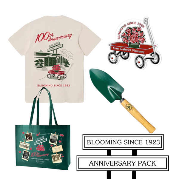 A collage of items featured in the San Gabriel Nursery 100th Anniversary Pack. There is a tshirt with red text that says 100th anniversary blooming since 1923 and graphic of the nursery signage, red wagon with red azaleas. Another item is a pin showing the red wagon and flowers. Another items is a green spade hand shovel with a wooden handle with the mission bell printed on it. The fourth and last item is a eco-friendly green tote bag with archival photos printed on it.